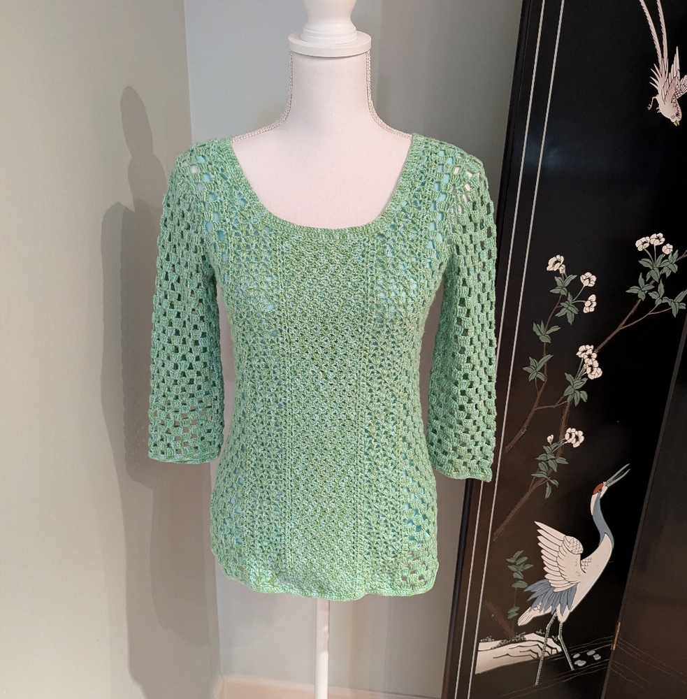 Y2K 2000s Women's Small Green Crochet Open Knit 3/4 Sleeve Lined Bodice Top 145